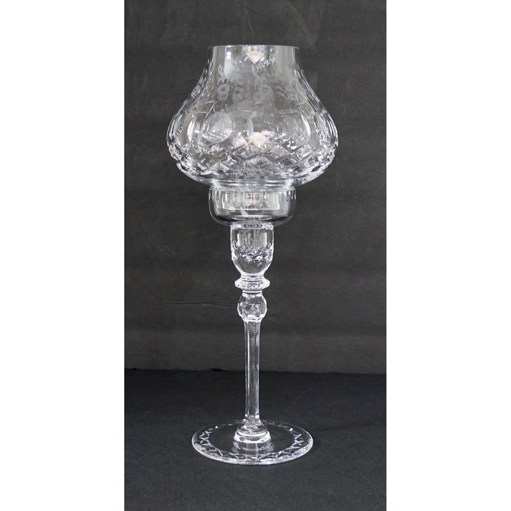 Rogaska Crystal Hurricane Candle Holder Etched Glass Two Piece Pedestal‎ 12 Inch